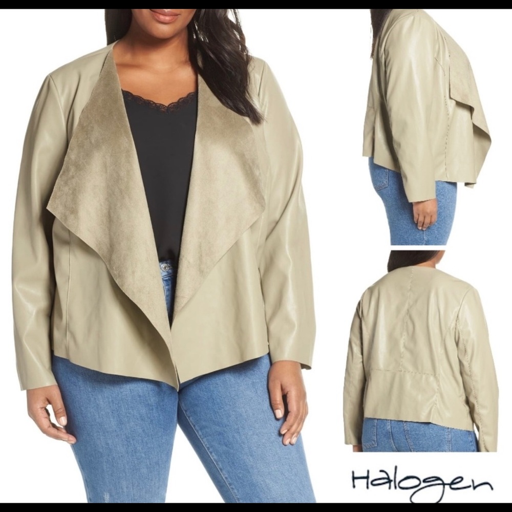 HALOGEN FAUX LEATHER DRAPE FRONT JACKET